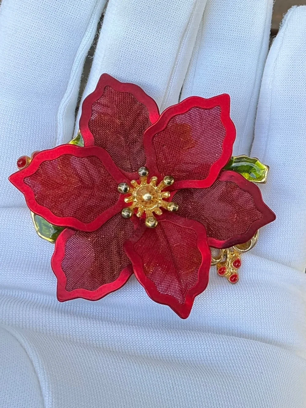 Vintage 1990s Kenneth Cole Signed Red Mesh Poinsettia Brooch Holiday Pin